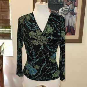 MSK Shimmer Floral V-Neck Long Sleeve Top Size Medium
